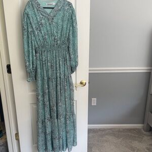 Teal Floral Long Sleeve Dress